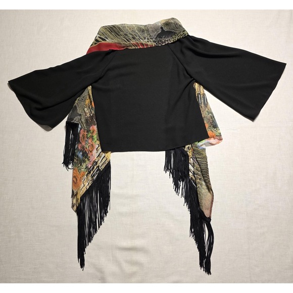 Vtg 90s Alberto Makali Kimono Cardigan Womens Small Leopard Floral Fringe Whimsi - Picture 7 of 9